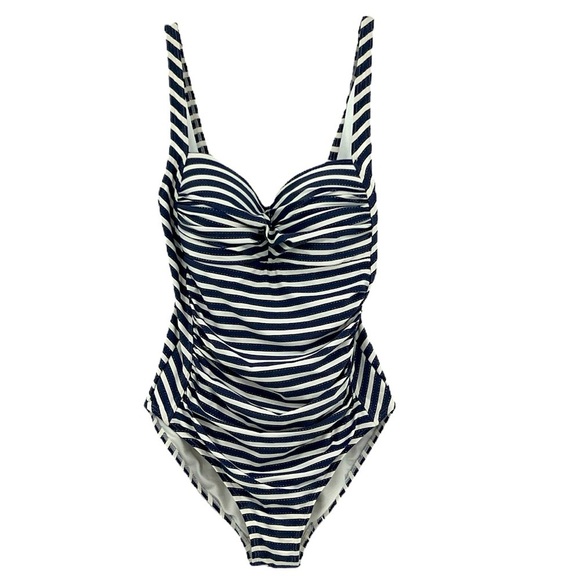 Nip Tuck Shirred Nautical Navy White and Silver Stripe One Piece US Size 12 - Picture 2 of 12